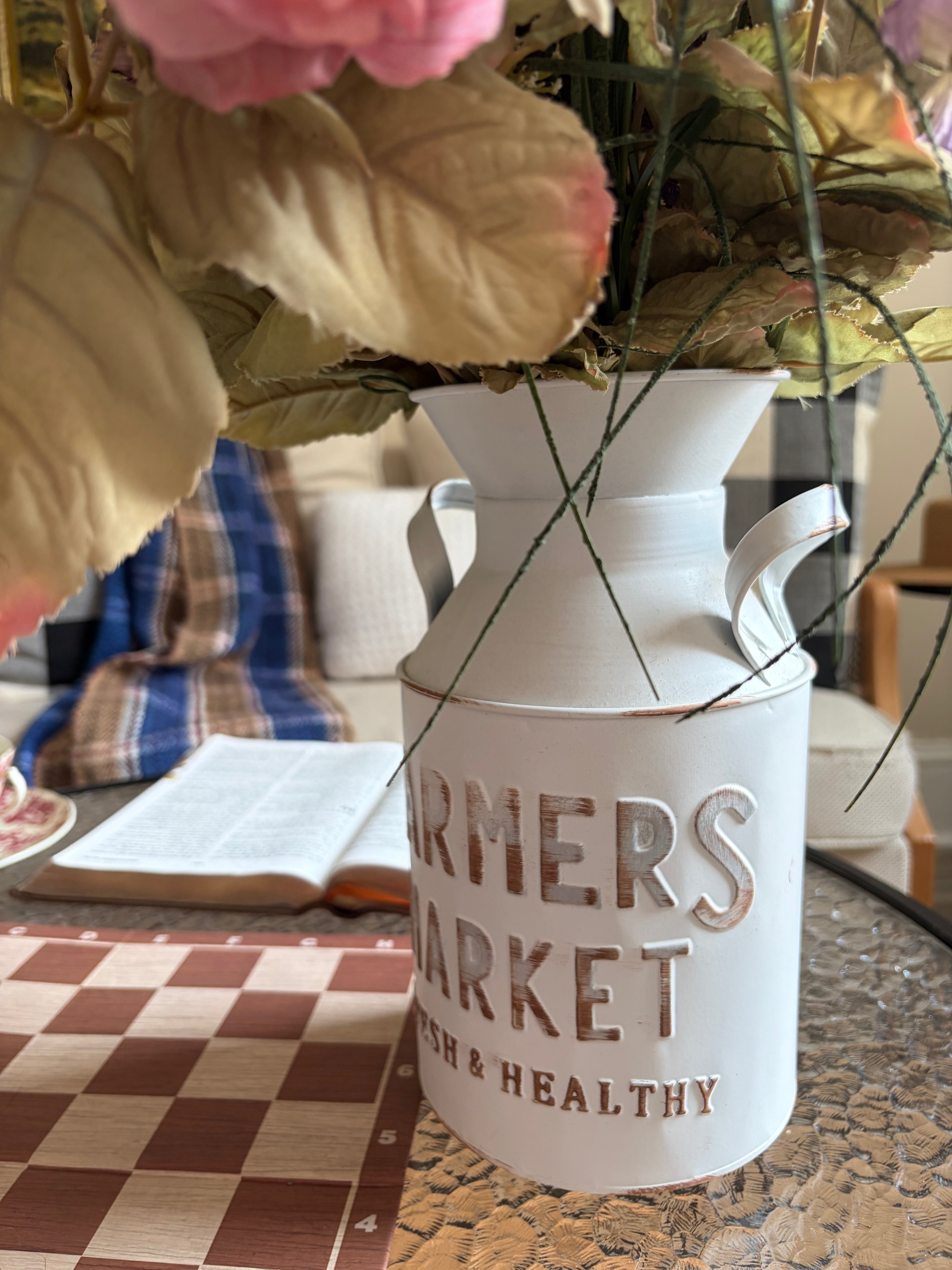 Farmers Market Metal Milk Can Vase | White Farmhouse Flower Pitcher | Rustic Cottage Floral Decor