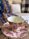 Vintage Pink Toile Teacup and Saucer Set | Gold Trim English Cottage Tea Cup | Romantic Floral China