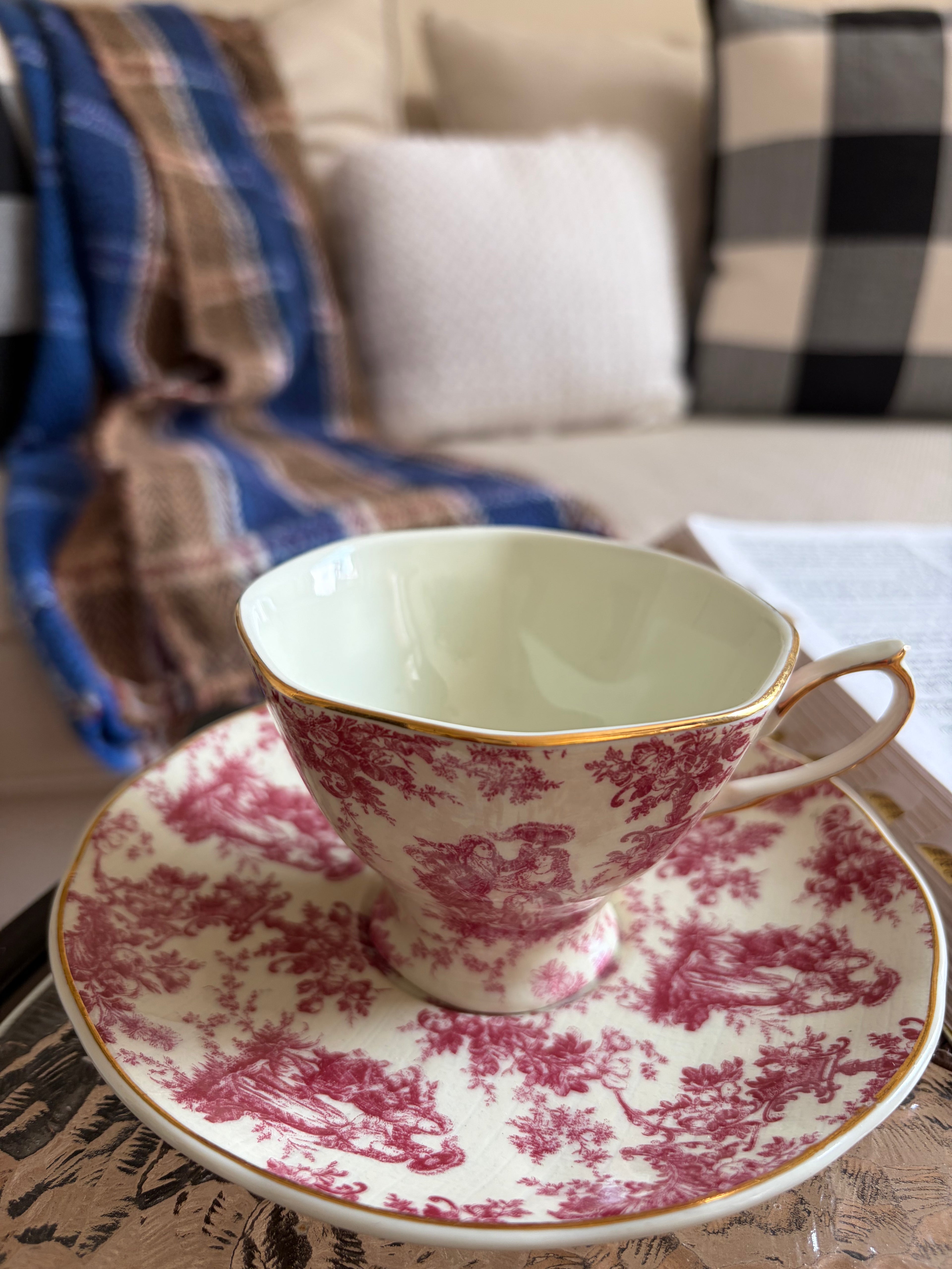 Vintage Pink Toile Teacup and Saucer Set | Gold Trim English Cottage Tea Cup | Romantic Floral China