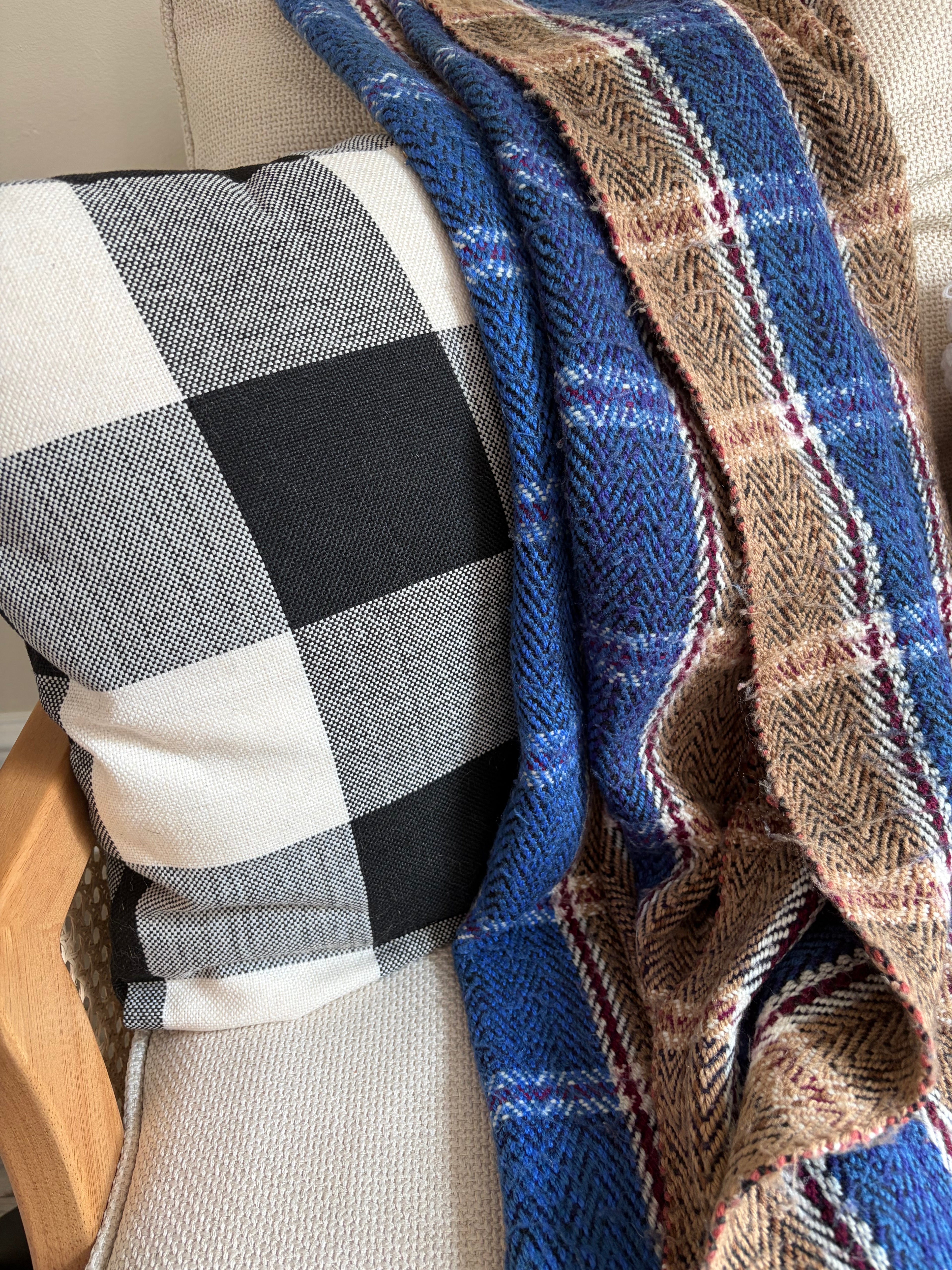 Vintage Wool Plaid Throw Blanket | Blue & Tan Heritage Blanket | Cottage Farmhouse Cozy Home Decor