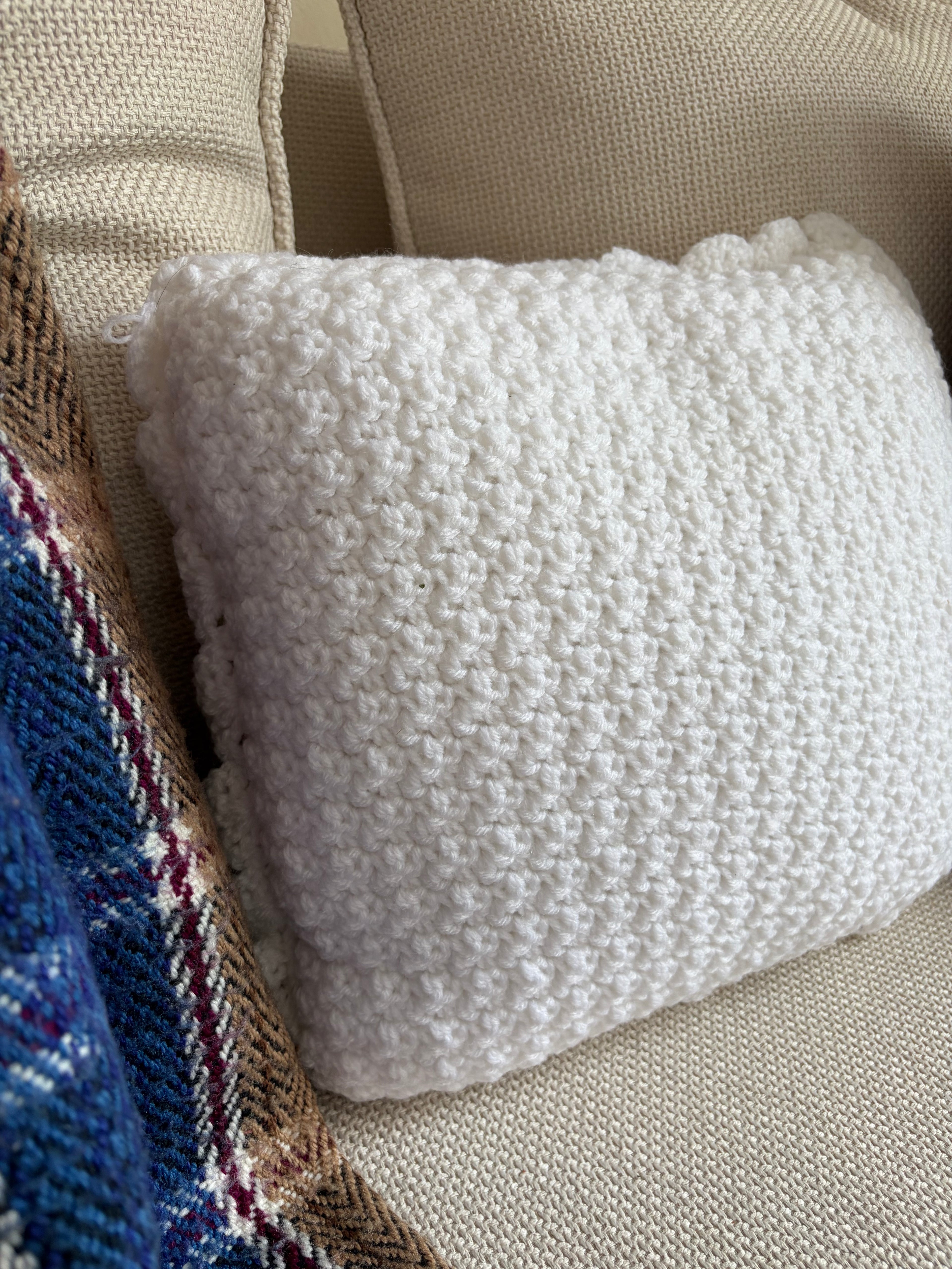 Handmade White Crochet Throw Pillow | Cottage Farmhouse Accent Cushion | Cozy Textured Home Decor