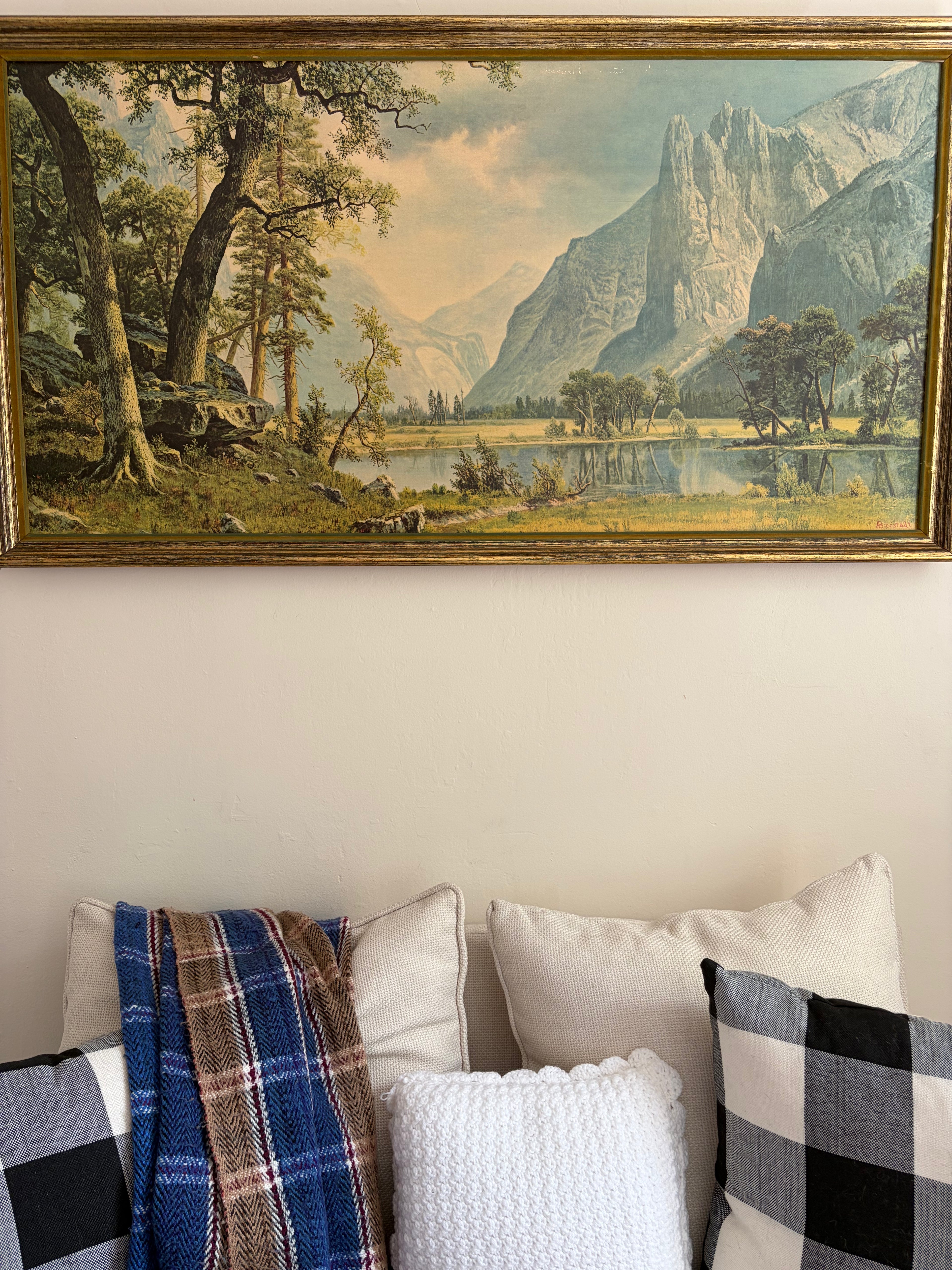 Vintage Framed Mountain Landscape Print | Traditional Cottage Wall Art | Rustic Nature Decor | Gold Frame